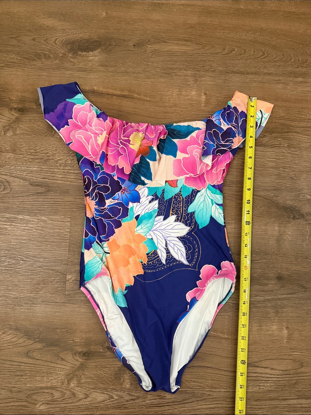 Trina Turk Woman’s Navy Floral Ruffle One-Piece Swimsuit Size 12